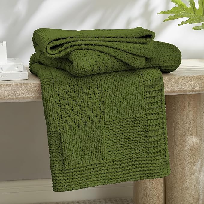 Amélie Home Chenille Knit Throw Blanket for Couch, Checkered Texture Decorative Soft Blanket for Sofa, Bed & Living Room, 50"x60", Olive Green-Ruum Studio Home
