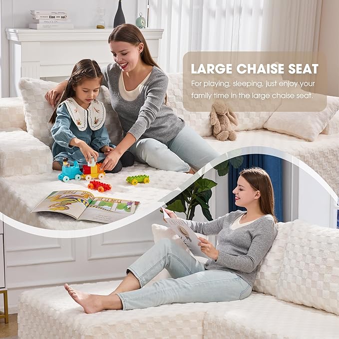 Hobestluk 96” Modular Sectional Sofa Couches L-Shape Couch 3 Seat Modular Sofa Memory Foam Sectional Couches for Living Room, Cloud Couch with Oversized Chaise (White, Checked (Left Facing Chaise))-Ruum Studio Home