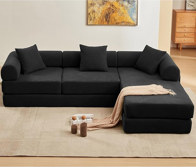 107" Oversized Convertible Sleeper Sofa Bed, Corduroy L Shape Sectional Couch, Folding Sofa Bed with Side Pocket, Modern Cloud Floor Mattress Couch, Modular Sofa for Living Room, Black-Ruum Studio Home
