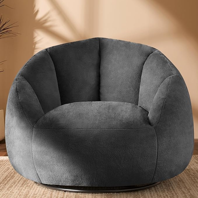 Giant Bean Bag Swivel Chair for Adults - Comfy Plush Round Shell Soft Accent Beanbag Chair, Oversized Cozy Floor Sofa Reading Chair for Living Room, Bedroom & Game Rooms, Gray-Ruum Studio Home