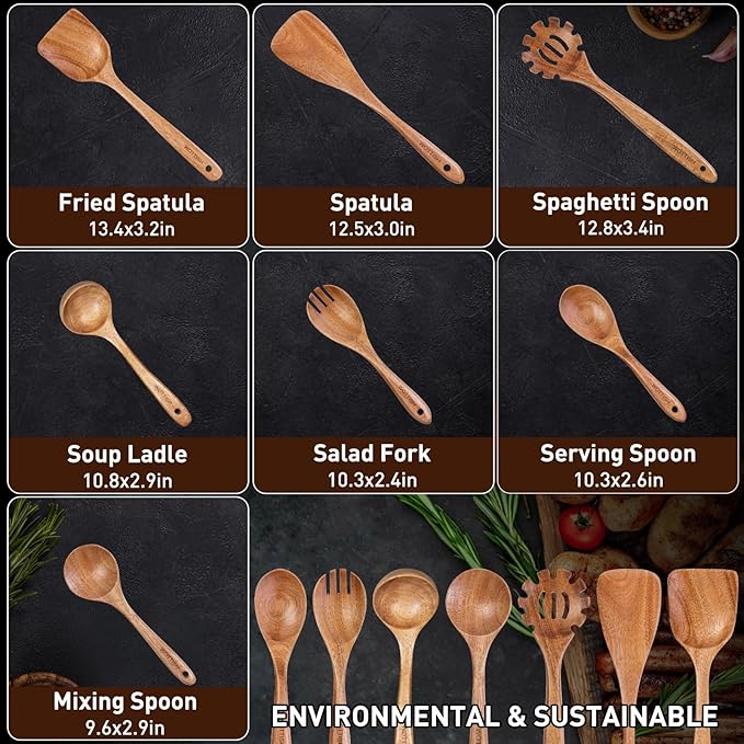 Wooden Utensil Set,WOTTISH 7Pcs Nonstick Wood Spatula,Wooden Kitchen Utensils Set Non Toxic,Wooden Spoons for Cooking（A07）-Ruum Studio Home