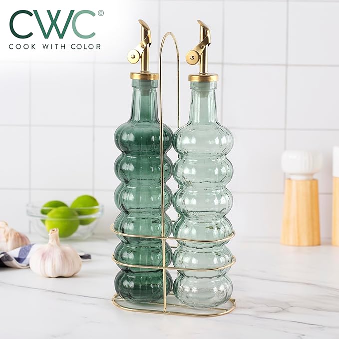 COOK WITH COLOR Glass Olive Oil Bottle Dispenser - 2 Pack- 17oz Oil and Vinegar Cruet - Olive Oil Carafe Decanter for Kitchen-Ruum Studio Home