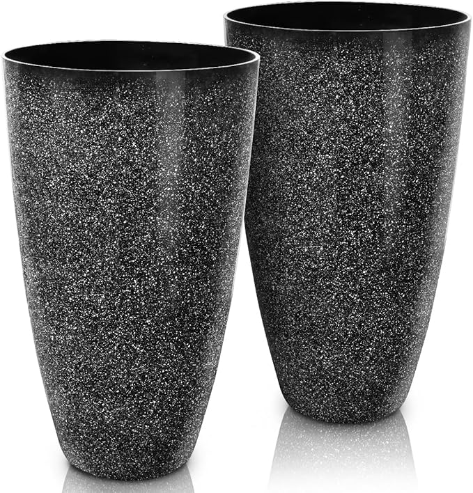 2 Pcs Pack 21 Inches Plastic Resin Tall Tapered Planter Pots Large Round Planter Flower Pot with Drainage Holes for Indoor Outdoor Deck Porch Garden Home Patio Front Door (Black, L)-Ruum Studio Home