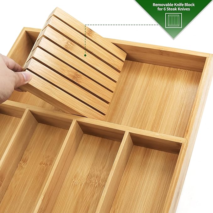 VaeFae Bamboo Silverware Organizer (Non-expandable), Utensil Holder for Drawer, Wooden Cutlery Tray with Divider for Kitchen Drawer, Utensil Organizer with Knife Block-Ruum Studio Home