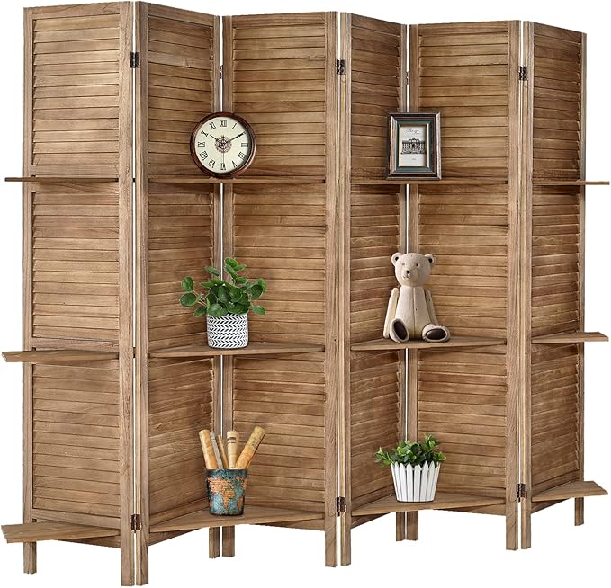 Room Divider with Shelves, Privacy Screen, Room Dividers and Folding Privacy Screens, 6 Panel Wood Temporary Wall Partition Separation Separator, Brown-Ruum Studio Home
