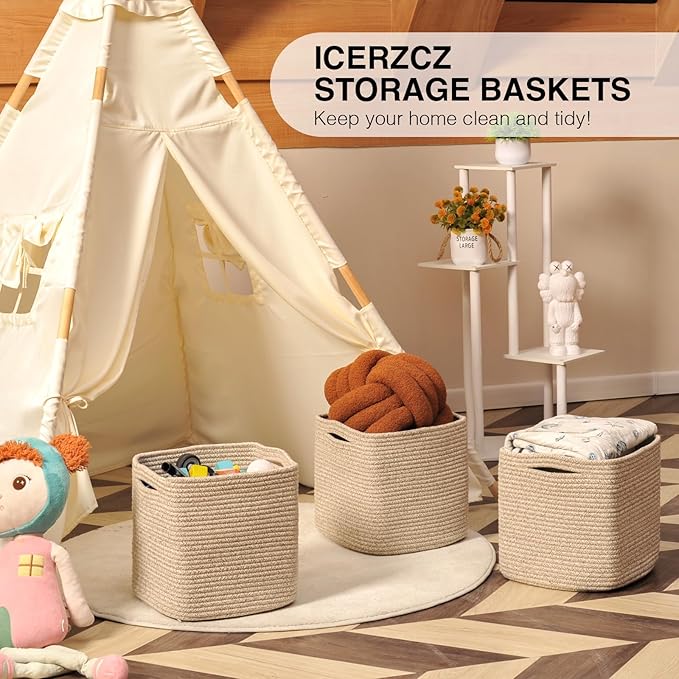11 Inch Cube Storage Bins, Storage Cube Organizer Bins, Woven Cotton Rope Baskets for Storage, Storage Basket for Organizing Shelves, Square Baskets for Toys Nursery, Brown (Pack of 3)-Ruum Studio Home