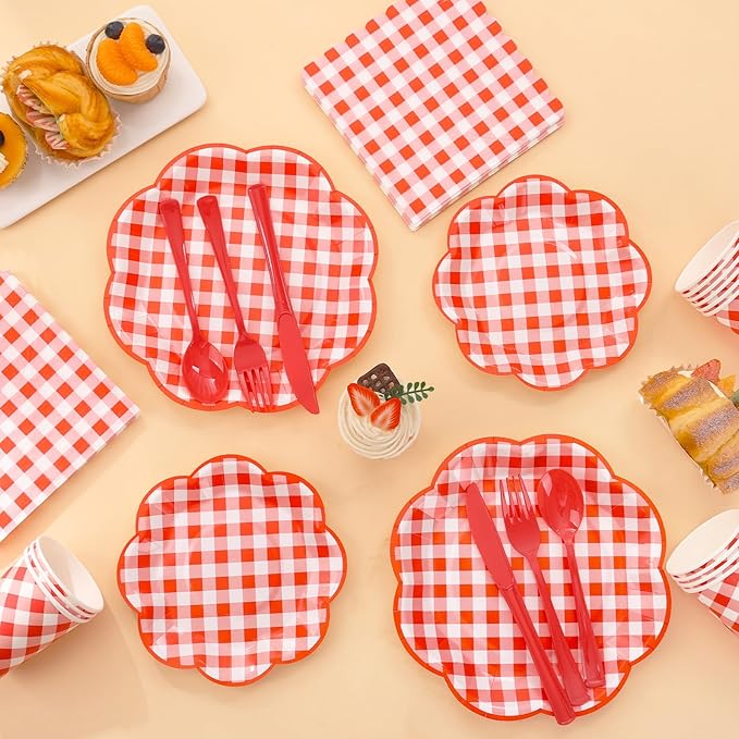 350 Pcs Red Gingham Plates and Napkins Party Supplies - Red and White Checkered Plates Sets Serve 50 Guests - Scalloped Gingham Paper Plate for Birthday Picnic Wedding Christmas Party Decorations-Ruum Studio Home