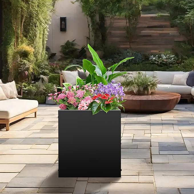 Metal Rectangular Planter Box, Small Planter Boxes Outdoor, 18''L x 18''W x 20''H Heavy Duty Plant Box with Removable Insert Shelf, 3 Tier Adjustable Height Tall Garden Planter for Plants, Flowers-Ruum Studio Home