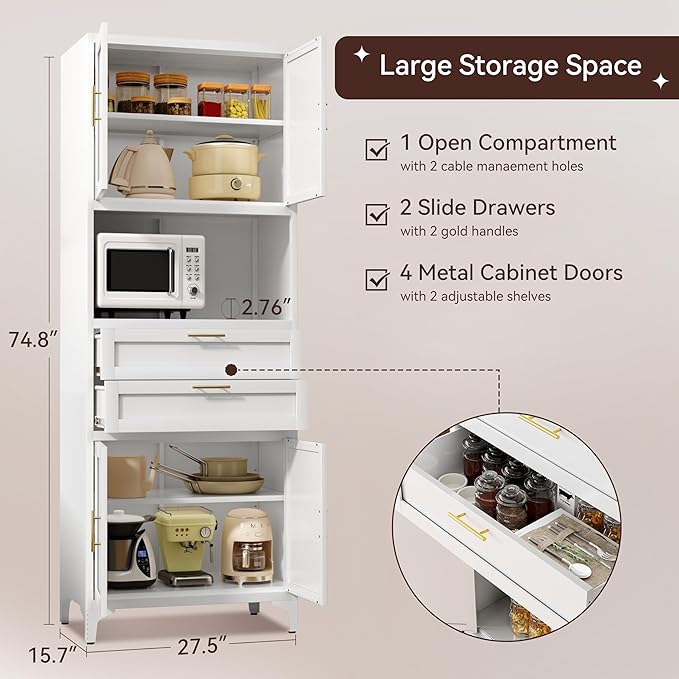 75” Tall Kitchen Pantry Storage Cabinet, Metal Bathroom Storage Cabinet with 2 Drawers and Adjustable Shelves, Kitchen Pantry Cupboard, Freestanding Cupboard for Bathroom, Living Room (White)-Ruum Studio Home