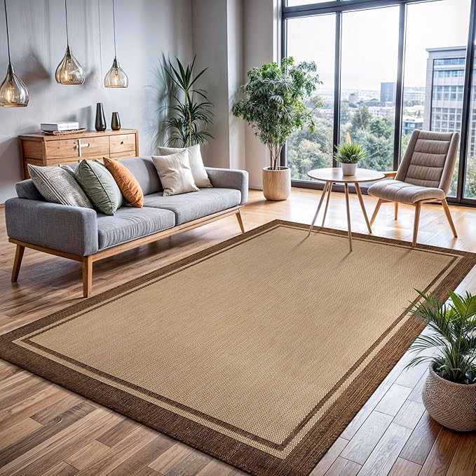 CAMILSON Outdoor Rug 9x12 Bordered Natural Brown Modern Area Rugs for Indoor and Outdoor Patios, Kitchen and Hallway Mats, Washable Porch Deck Outside Carpet (Border Jute, 9 x 12)-Ruum Studio Home