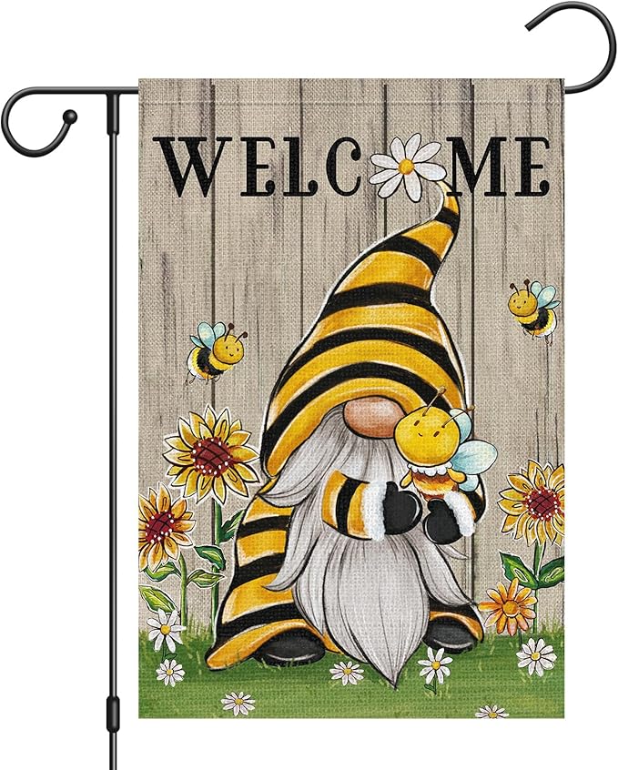 Welcome Summer Gnome Garden Flag Spring Summer Bee Sunflower Yard Flag 12x18 Double Sided Burlap Daisy House Flag for Rustic Seasonal Outside Outdoor House Decoration (ONLY FLAG)-Ruum Studio Home