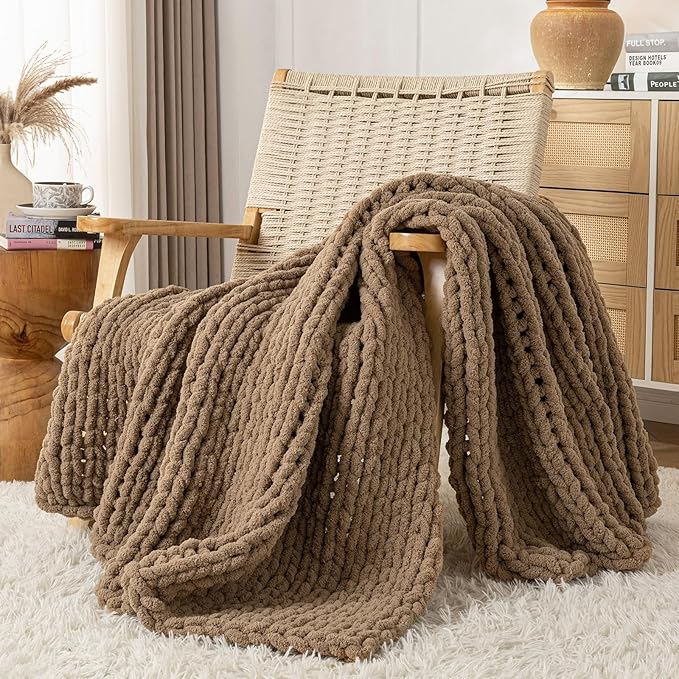Chunky Knit Blanket Throw, 100% Hand Knit Throw Blanket Handmade Chenille Cable Knit Throw for Couch, Stylish Cozy Soft Rope Knot Crochet Blanket for Home Decor, Camel, 50x60 Inches-Ruum Studio Home