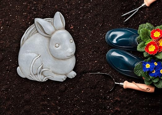 NAT & Jules Animal Character Shaped Dimensional Indoor Outdoor 11 inch Cast Resin Decorative Garden Stepping Stone, Patio, Walkway Sculpture Yard Art, Stone Grey Bunny-Ruum Studio Home