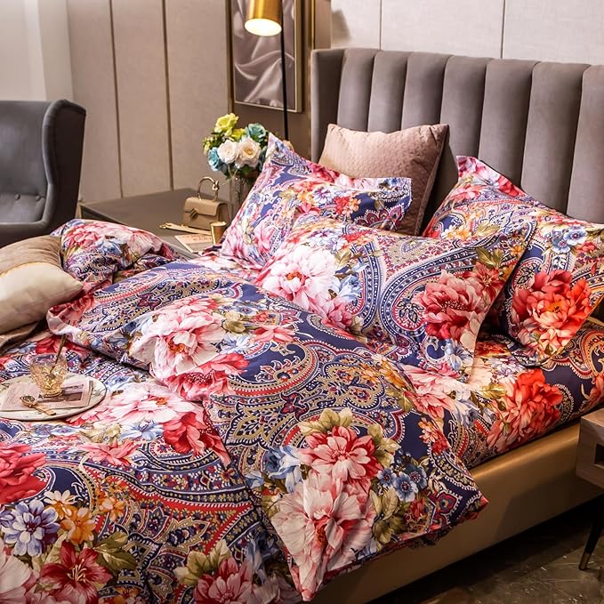 ABREEZE Colorful Floral Duvet Cover Queen 100% Cotton Flower Duvet Cover 3 Piece Set 1 Multi-Colored Damask Paisley Duvet Cover with Zipper Ties 2 Pillowcases Luxury Soft Peony Print Bedding Set-Ruum Studio Home