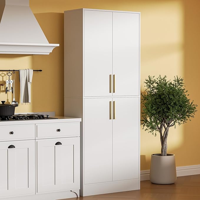 71" Tall Pantry Cabinet with 4 Doors, Kitchen Pantry Storage Cabinet, Freestanding Larder Cupboard, Kitchen Hutch with Gold Handles for Dining Room, Bathroom, White-Ruum Studio Home