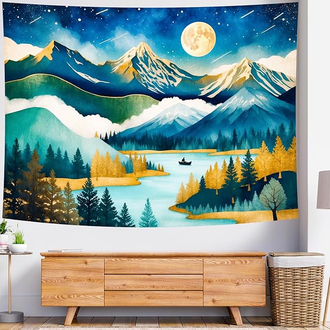 Delur Mountain Tapestry Boho Moon Stars Starry Night Tapestry Wall Hanging Forest Tree Nature Landscape Psychedelic Headboard for Bedroom Living Room Home Decor (59.1" x 78.7")-Ruum Studio Home