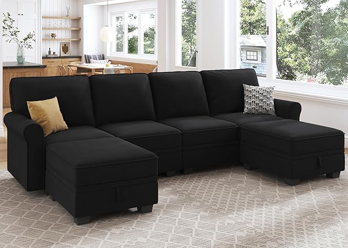 HONBAY Sectional Sofa with Storage Seat Velvet U Shaped Couch with Reversible Chaise Convertible Sectional Couches for Living Room,Black Velvet-Ruum Studio Home
