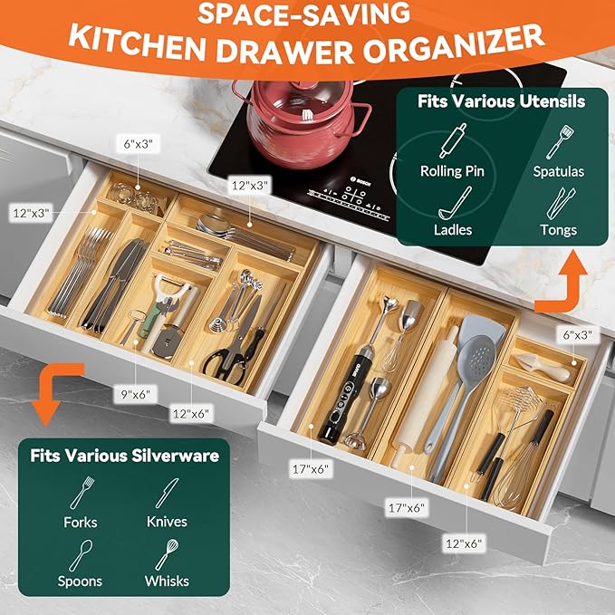 Bamboo Drawer Organizer, Cutlery Silverware Organizer for Kitchen Drawer, Stackable Utensil Organizer, 2 Pcs Flatware Organizer for Drawer, Wooden Storage Box Tray (Bamboo, 9 X 6 X 2 Inch)-Ruum Studio Home
