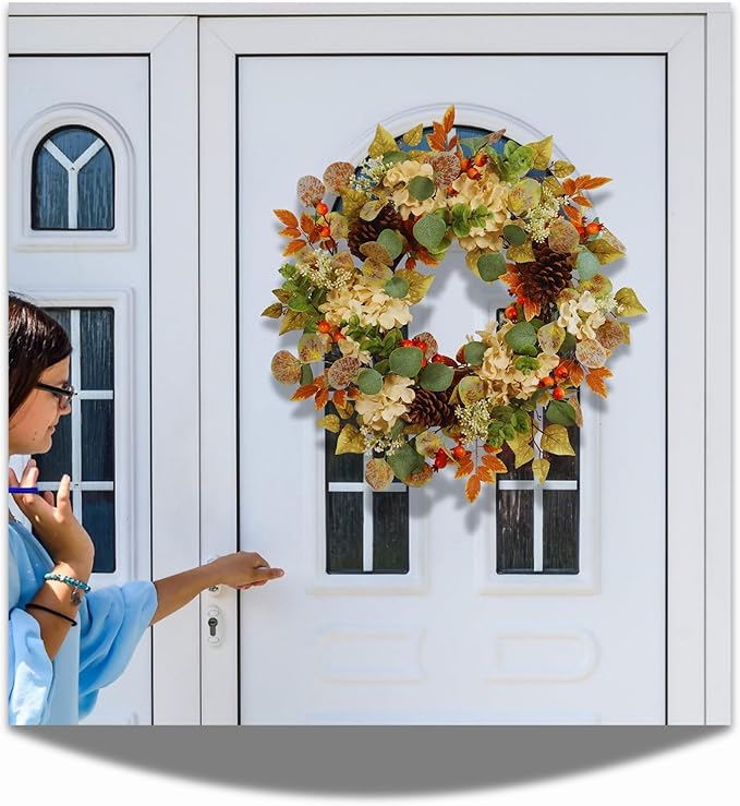 22 in Fall Hydrangea Wreath with Eucalyptus, Pinecones Orange Berries Perfect Autumn Door Wreath for Thanksgiving Harvest Decor - Rustic, Lifelike Durable for Indoor Outdoor Use-Ruum Studio Home