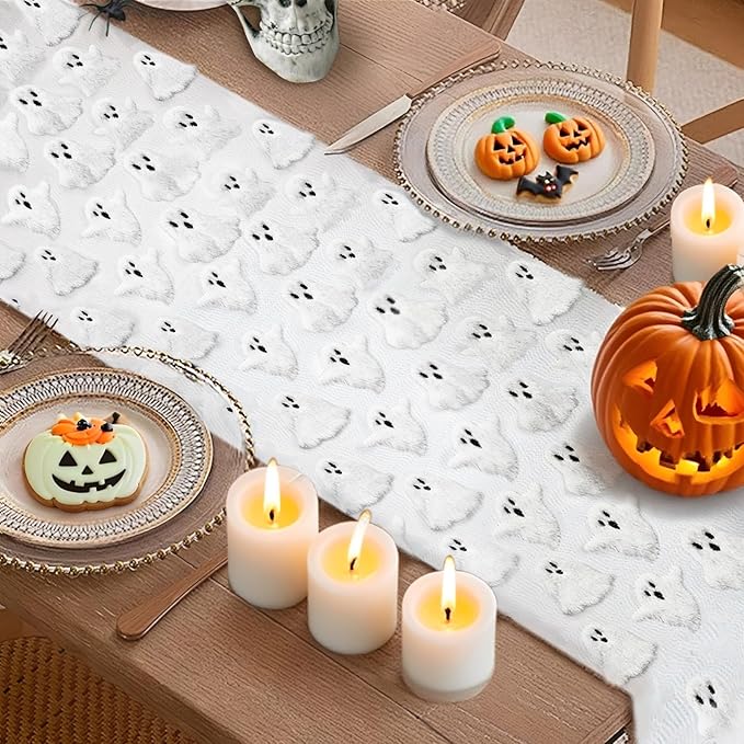 Halloween Table Runner Ghost Soft Plush Faux Fur Halloween Table Runner Hallowee Home Decor, Holiday Kitchen Dining Table Decoration for Home Party Decor 13x72 Inch-Ruum Studio Home