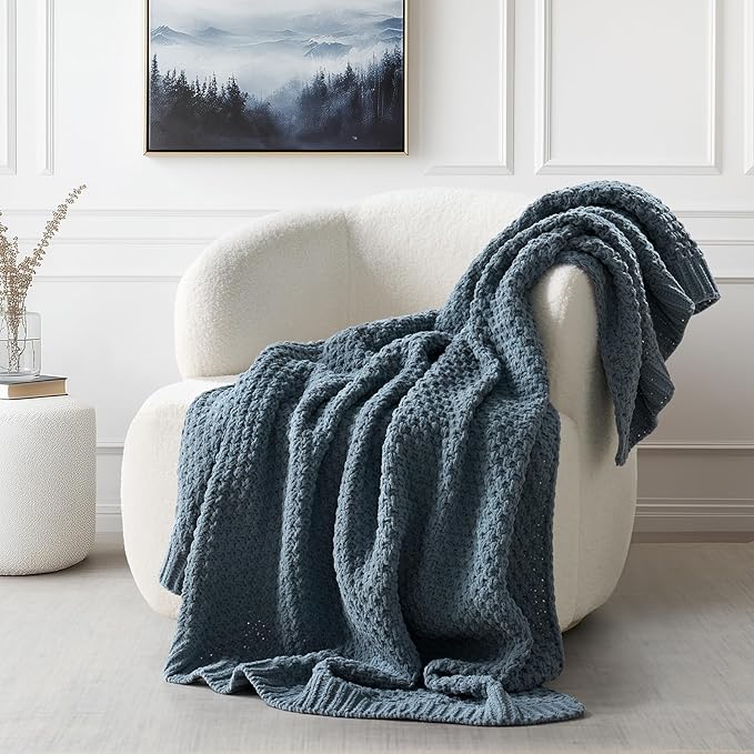 Chunky Chenille Knit Throw Blanket for Couch, Soft Luxurious Moss Stitch Blankets for Bed, Cozy Decorative Farmhouse Knitted Throws for Sofa, Stormy Blue, 60" x 80"-Ruum Studio Home