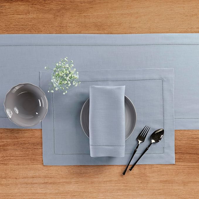 Solino Home Linen Dusty Blue Table Runner 72 Inches Long - 100% Pure Linen Hemstitch Table Runner 14 x 72 Inch for Dresser, Dining, Fall, Autumn, Halloween, Thanksgiving - Classic Hemstitch-Ruum Studio Home