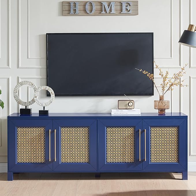 JYED Mid Century Modern TV Stand for TVs up to 75", 69.5" W Blue Entertainment Center with 4 Gold Metal Mesh Doors - Wood Grain MDF TV Console, Media Storage-Ruum Studio Home