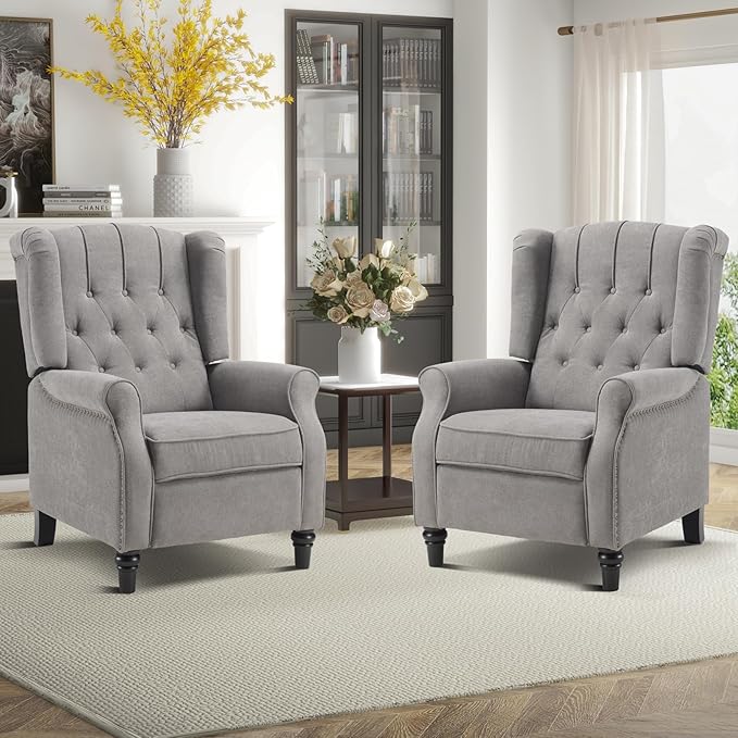 EBELLO 2 Pcs Pushback Recliner Chairs, Fabric Armchair Push Back Recliner with Rivet Decoration, Single Sofa Accent Chair for Living Room, Bedroom, Grey-Ruum Studio Home
