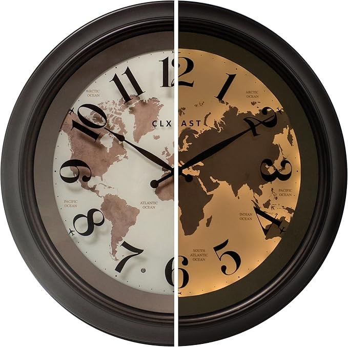 CLXEAST 18 Inch Illuminated Wall Clock with Smart LED Light Sensor, Large Modern World Map Wall Clocks for Living Room Decor,Oil Rubbed Bronze,Unique House Warming Gifts-Ruum Studio Home