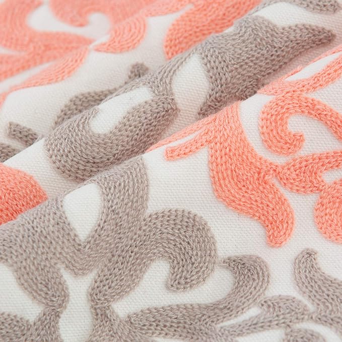 HWY 50 Coral Pink Decorative Throw Pillow Covers 18x18 Inch (1 Piece), Embroidered Cotton Farmhouse Cushion Cover Pillow Case for Sofa Couch Living Room Bed Bedroon, Floral Geometric-Ruum Studio Home