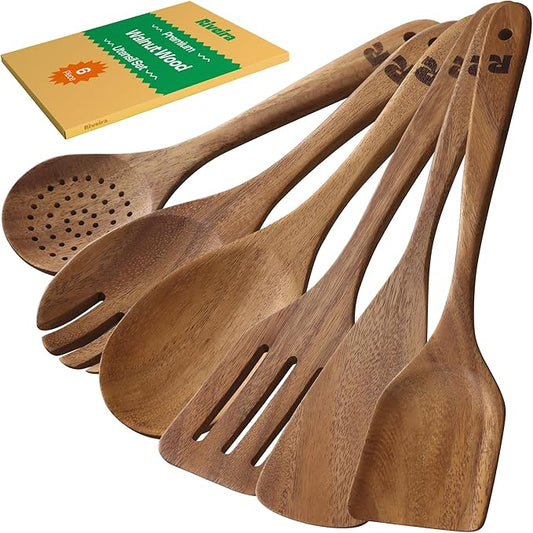 Riveira Walnut Wooden Spoons for Cooking Set of 6 – Natural Walnut Wooden Cooking Utensils, Wooden Spatula, Wooden Spoon - Premium Quality Wooden Utensil Set for Non-Toxic Cooking-Ruum Studio Home