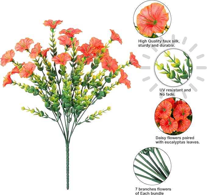 Artificial Fall Flowers Fake Plants for Outdoors Autumn Decoration, 12 Bundles Orange Silk Morning Glory with Eucalyptus Look Real UV Resistant Faux Flowers for Outside Planters Front Door Yard Indoor-Ruum Studio Home