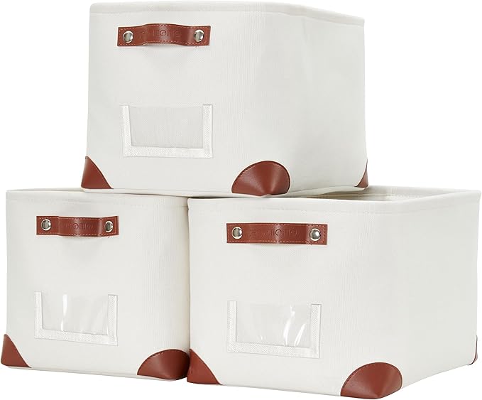 DECOMOMO White Storage Bins Fabric Storage Baskets for Shelves & Linen Closet Organization (Creamy White W/Label holder, Large - 3 Pack)-Ruum Studio Home