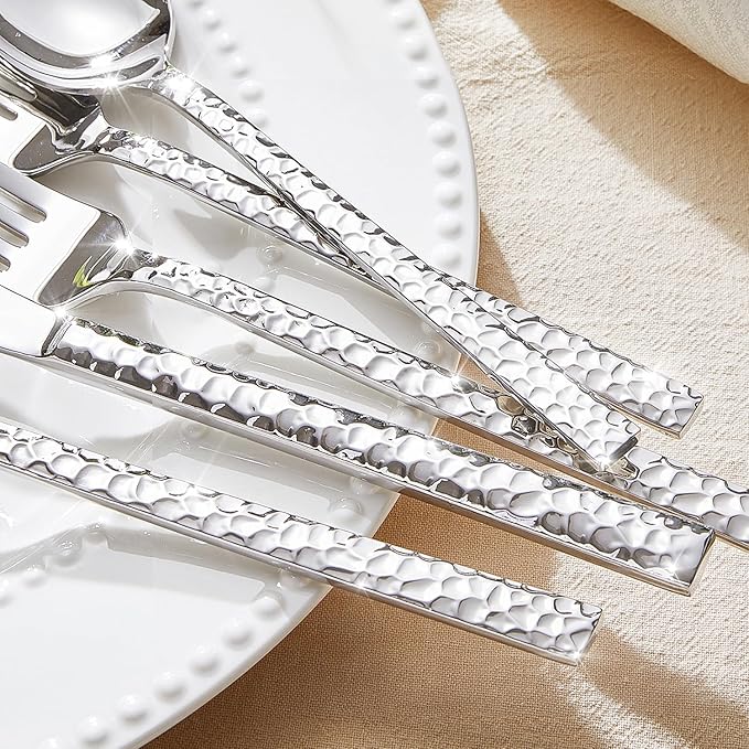KINGSTONE 60 Piece Hammered Silverware Set, 18/10 Stainless Steel Flatware Set for 12, Cutlery Set for Home, Party, Wedding, Mirror Polished Dishwasher Safe-Ruum Studio Home