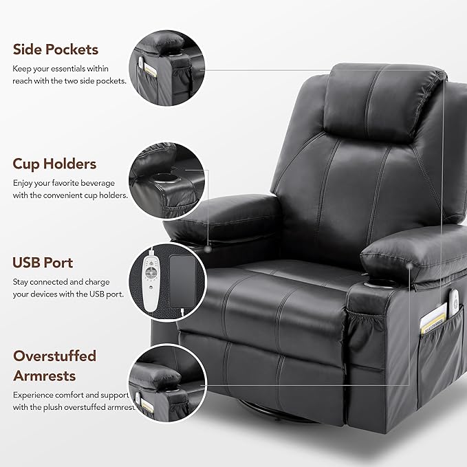 Swivel Rocker Recliner Chair with Heat and Massage, 360 Degree Swivel Rocking Single Sofa with Cup Holders and USB Port, Large Big Recliner Chair for Living Room (Leather, Black)-Ruum Studio Home