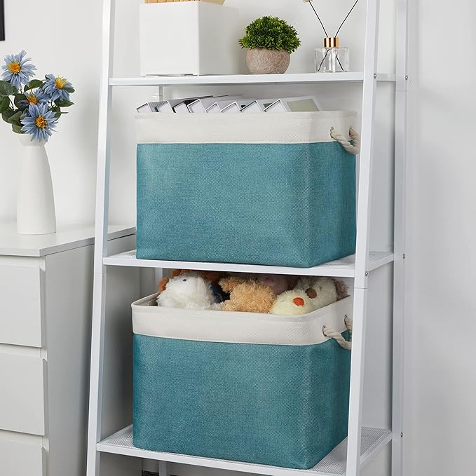 Bidtakay Foldable Storage Bins Set of 2 Tall Cloth Baskets 16" X 11.8" X 11.8" Decorative Organizers for Linen Closet (White & Teal)-Ruum Studio Home