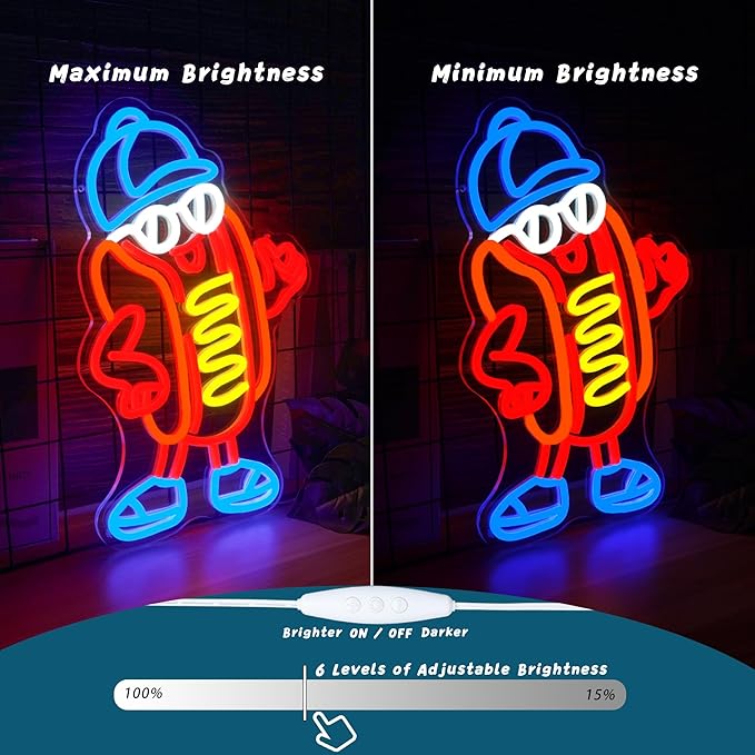 Hot Dog Neon Sign Dimable Cool Hot Dogs Neon Signs Funny Hot Dog Party Themed Light Decor for Restaurants Bars Game Rooms Vibrant LED Lighting Gifts for Fast Food Enthusiasts (15×9.8inch)-Ruum Studio Home