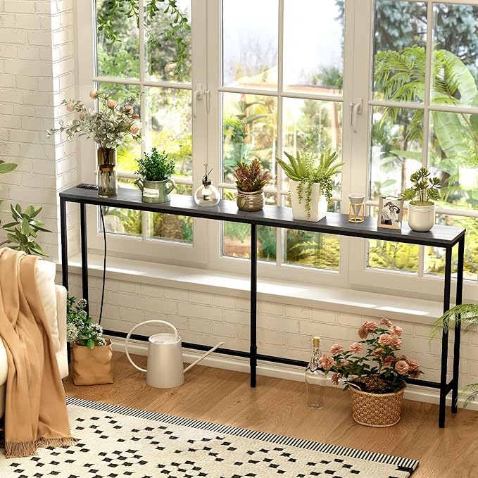 SUPERJARE 70 Inch Console Table with Outlet, Sofa Table with Charging Station, Narrow Entryway Hallway Table, Behind Couch Table, for Living Room, Charcoal Gray-Ruum Studio Home