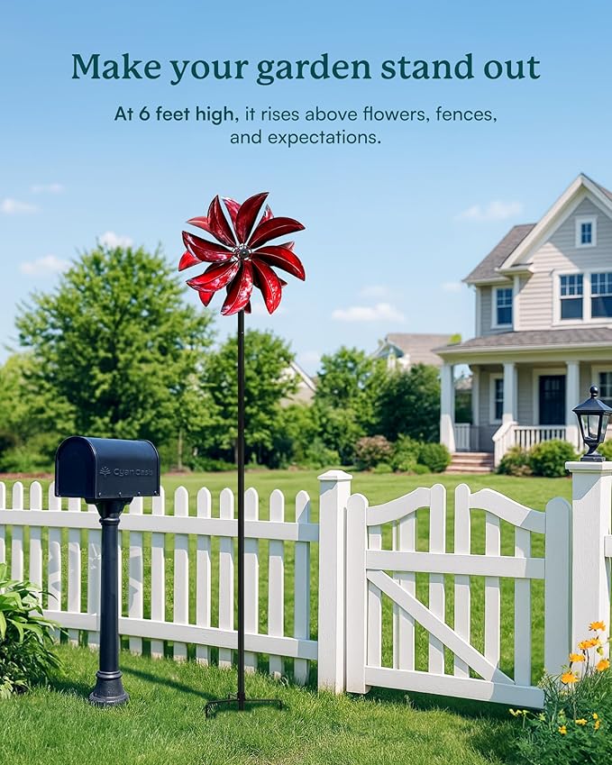 Wind Spinners Outdoor - Red Metal Windmill with Stake for Yard and Garden, Kinetic Wind Sculptures & Spinners, Gift Decor Ideas for Garden Lovers (12" W x 70" H)-Ruum Studio Home