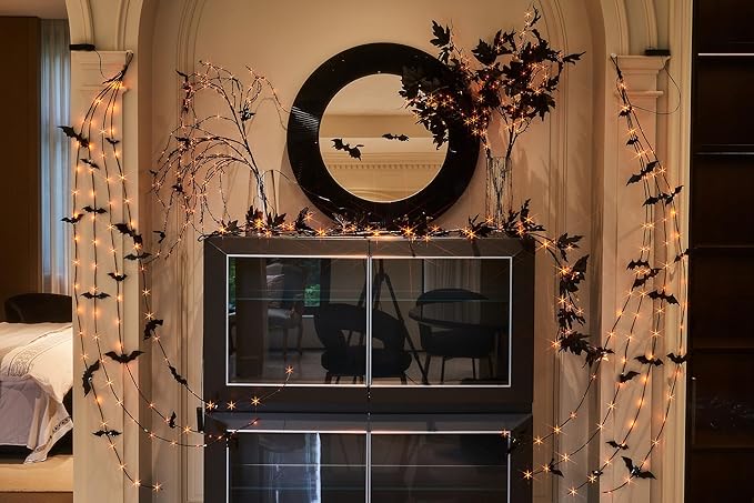 Birchlitland Halloween Black Maple Garland with Lights Timer 48 LED Orange and Warm White Fairy Lights, Battery Operated for Indoor and Outdoor Halloween Party Decoration-Ruum Studio Home