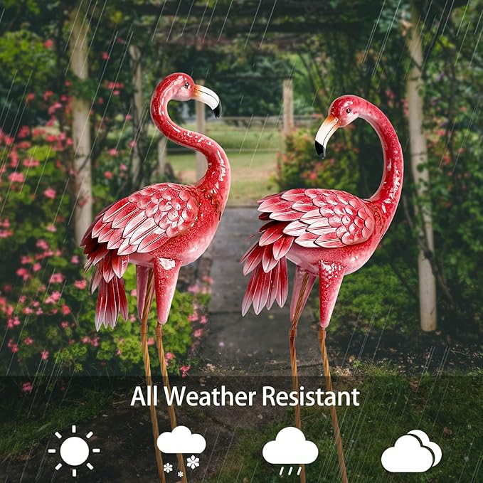Kircust Flamingo Garden Statues and Sculptures, Metal Birds Yard Art Outdoor Statue, Large Pink Flamingo Lawn Ornaments for Home, Patio, Backyard Decor (2-Pack)-Ruum Studio Home