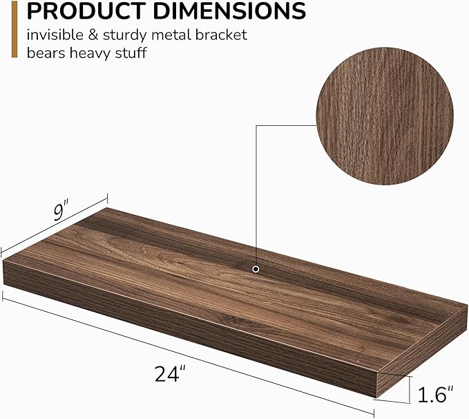 Fun Memories Floating Shelves - 24 Inch Rustic Wooden Wall Shelves - Extra Deeper & Thicker Wall Mounted Storage Shelf for Living Room, Kitchen, Farmhouse - 24"x 9"x 1.6" 2Pack, Walnut-Ruum Studio Home