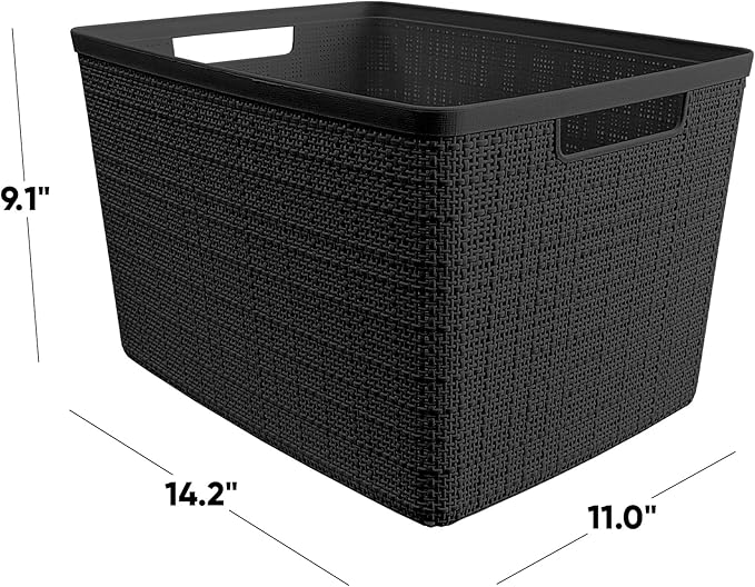 Curver Jute Large Decorative Plastic Organization and Storage Baskets, Perfect Bins for Home Office, Closet Shelves, Kitchen Pantry and All Bedroom Essentials, Pack of 4, Black-Ruum Studio Home