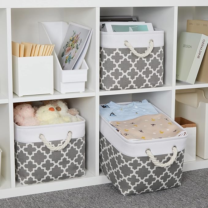 Bidtakay Basket Storage Bins Baskets for Organizing Set of 3 Collapsible Cloth Storage Linen Closet Organizer 15 X 11 X 9.5 Inches Large Foldable Baskets for Shelves (White&Quatrefoil Grey)-Ruum Studio Home