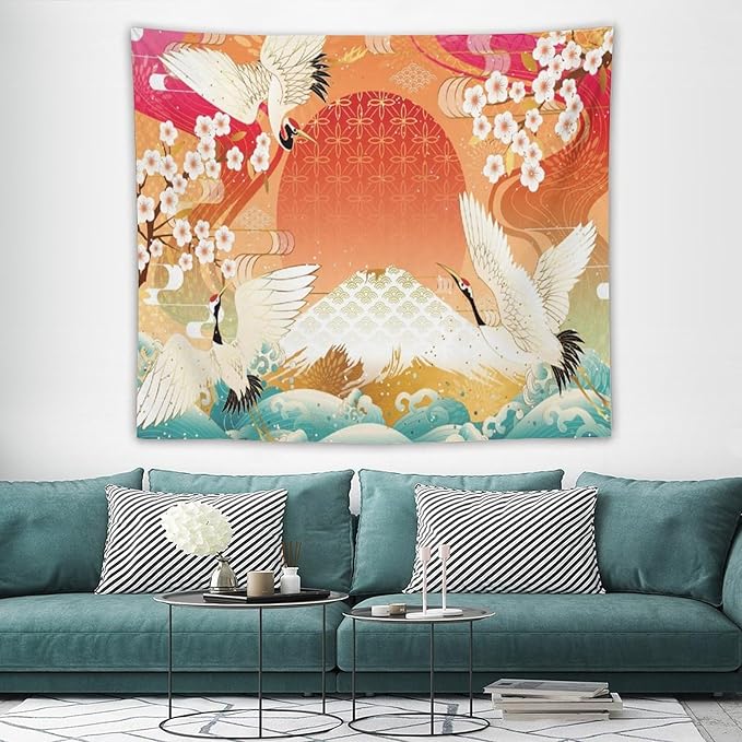 HZOHNAGO Japanese Tapestry Cherry Blossom Crane Sea Wave Fuji Mountain Red Sun Pattern Printed Wall Tapestry Painting Wall Hanging for Bedroom Living Room Dorm 60" W x 50" H-Ruum Studio Home