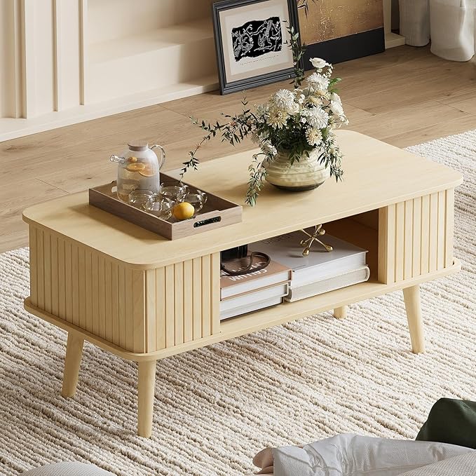 LAZZO Coffee Table with Storage Center Table for Living Room Rectangle Coffee Table with Rounded Edges,Easy Assembly, Natural Wood-Ruum Studio Home