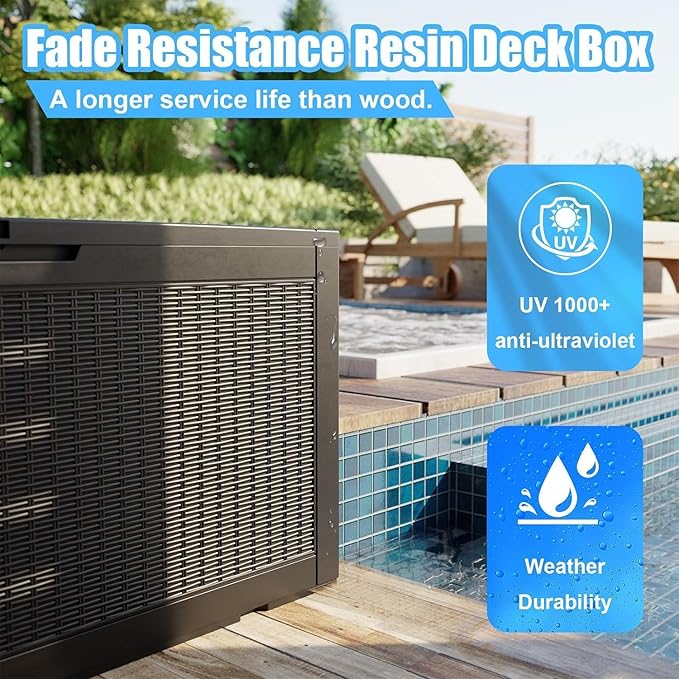 102 Gallon Outdoor Storage Box Waterproof, UV Resistant Resin Deck Box with Hydraulic Rod, Lockable Design and Enhanced Durability for Patio, Garden, and Poolside Use-Ruum Studio Home