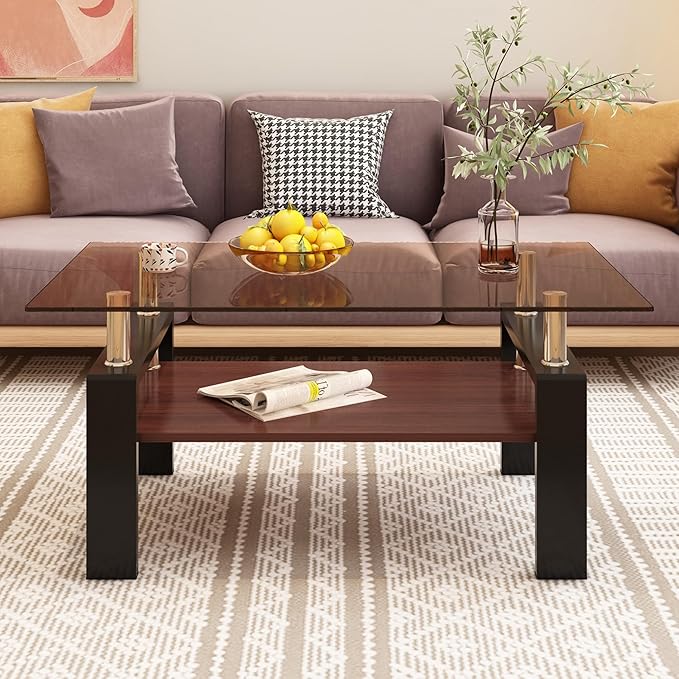 39" Brown Glass Coffee Table Walnut Modern Living Room Center Table Rectangle, with Wooden MDF Storage Layer, Black Metal Leg, for Small Apartment and Office, Brown-Ruum Studio Home