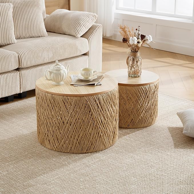 Nesting Coffee Table Set of 2, Natural Round Wooden Coffee Tables Rustic Woven Circle Side/Sofa Table for Small Space Living Room Bedroom Apartment No Assembly Required-Ruum Studio Home