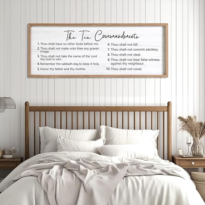 The Ten Commandments Rustic Bible Verse Framed Wall Art, 40''×15'' Positive Religious Christian Saying Sign for God Jesus Christ Prayer, Vintage Horizontal Holy Inspirational Catholic Scripture Decor-Ruum Studio Home